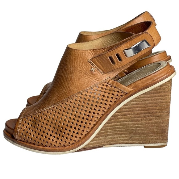 Rag & Bone Pala Wedge Sandals Womens 9 Leather Peep Toe Stacked Wood Heel Brown - Picture 4 of 11